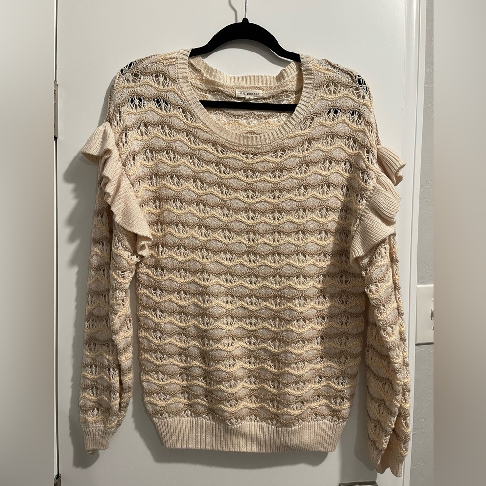 Blu Pepper Cream Crew Neck Sweater with Ruffle Details